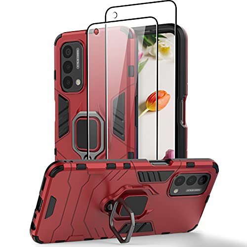 [3 Items] Jusy Oneplus Nord N200 5G Case & 2 Tempered Glass Screen Protectors for 1+ Nord N200 Phone, Protective Case with Rotate Holder Kickstand and Magnetic Plate for Oneplus Nord N200 (Red)