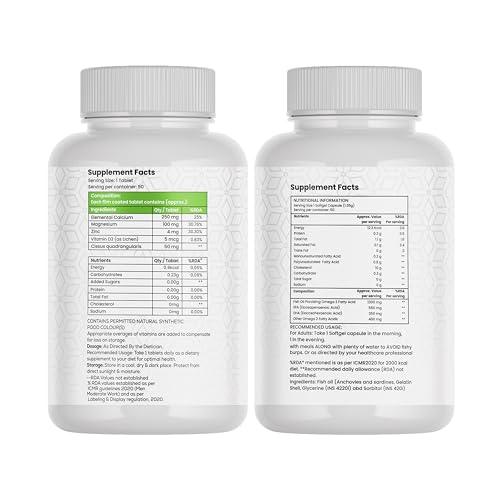 Image of GLIMLACH Calcium Magnesium & Zinc, Omega 3 Fish Oil 1300mg 550 mg EPA & 350 mg DHA for Brain, Heart, Eyes, Bone Health & Joint Support, Daily Nutrient Combination with Essential Minerals and Omega 3