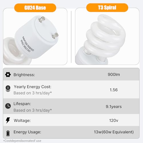 Image of Winkcao CFL Light Bulbs GU24 Base, T3 Spiral 13Watt (60Watt Equ) Soft White 2700K 900lm Compact Fluorescent Light Bulbs, UL Approved, 120v 60Hz, Self Ballasted CFL Bulbs, Pack of 8