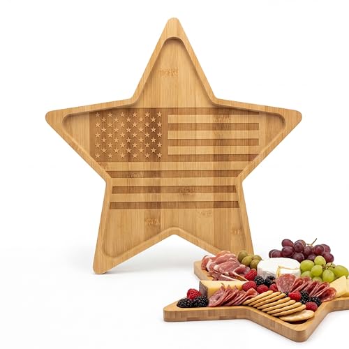 Patriotic Charcuterie Board With Usa Flag, American 250Th Anniversary Dish Board 11.8 Inch Wooden Star Shaped Serving Tray Kitchen Board For Usa 4Th Of July Party Decoration Fruit Snacks Vegetable