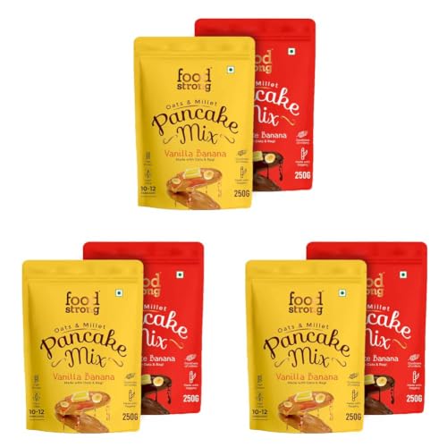 Image of Foodstrong Oats & Millets Vanilla Banana & Chocolate Banana Waffle & Pancake Mix, Source of Fibre & Protein, No Maida, No Refined Sugar - With Jaggery, Eggless Instant Breakfast Mix 250g x Pack of 6
