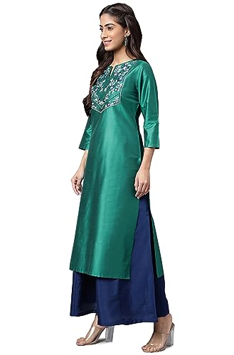 Image of Janasya Women's Peacock Green Poly Silk Yoke Embroidered Straight Kurta