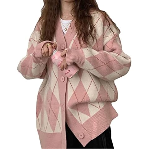MAOAEAD Autumn Winter Oversized Women Cardigans Tops Sweet Checked Knitted Sweaters Loose Button V-neck Knitwear (A-Pink,One Size) Cover
