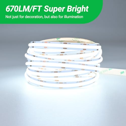 Image of JOYLIT 24V COB LED Strip Lights 16.4FT /5M 288LEDs /M 6000K Cool White, UL Premium 6W /FT 10500LM Super Bright Dimmable LED Tape CRI 92, 120 Degree Beam Angle Light Strip Without Dots (No Power Supply)