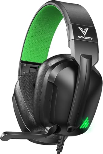 Vakedy Cuffie Gaming per PS5/PS4/Xbox/PC/Switch, Cuffie con Microfono, Cuffie Stereo con RUMORE CANCELLAZIONE, Jack 3,5 mm e Comandi Inline - Nero/Verde