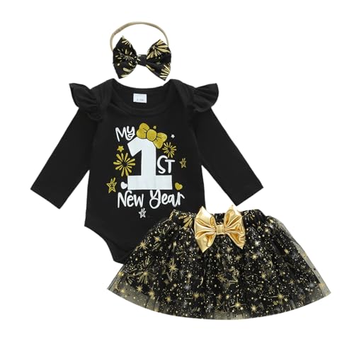 HYADRBLEBY My First New Years Baby Girl Outfit Newborn 1st Letter Romper Fireworks Tulle Tutu Skirt 0-18 Month Girl Baby Dress (New Year 3-6 Months)