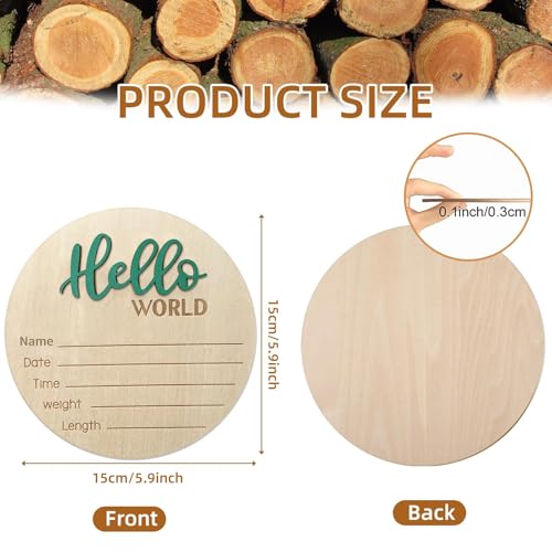Image of Baby Announcement Sign, ​5.9 Inch Wooden Hello World Newborn Signs, Birth Announcement Sign, Baby Shower Hospital Nursery for Newborn Boys and Girls (Green,Pen)