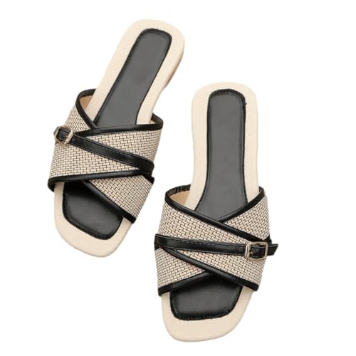 Image of Cibenf Flat Slippers for Women 2026 Plus Size Summer Cross Strap Buckle Beach Slippers (Black,8.5)