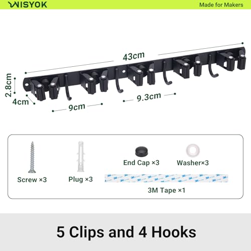 WISYOK Besenhalterung Wand 1pcs, 5 Halter 4 Haken Schwerlast Gerätehalter, Edelstahl Gartengerätehalter, Besenhalter Wandhalterung für Garage, Werkstatt, Garten, Abstellraum (Schwarz)