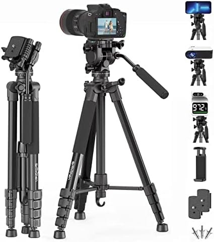 Smvchen 74.8"Camera Tripod with Fluid Head Phone Clip 2 Quick Release Plate 3 Metal Feet for DSLR Camera Video Camera Panoramic Camera Sports Camera Projectors Telescopes and Iphone14 Max Load 11 Lbs