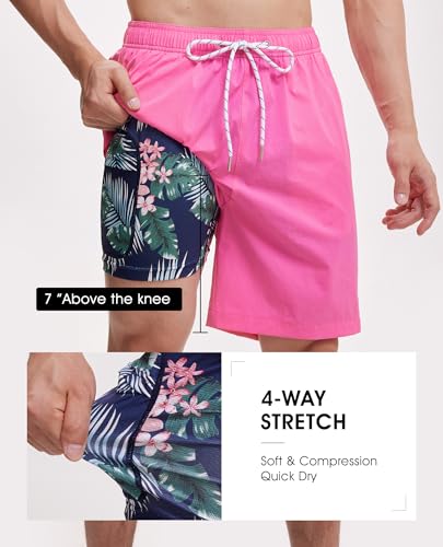 Image of Gleeease 7inch Mens Swim Trunks 2 in 1 with Compression Liner Pockets Drawstring Quick Dry Stretch Lined Funny Beach Pool