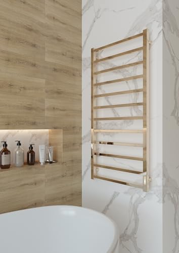 Elna Design - Radiador de toalla de color dorado, 205 W, 100 x 530 mm, eléctrico para arquitectura e interior, compacto y potente, acero inoxidable, con termostato y temporizador, IP44, montaje