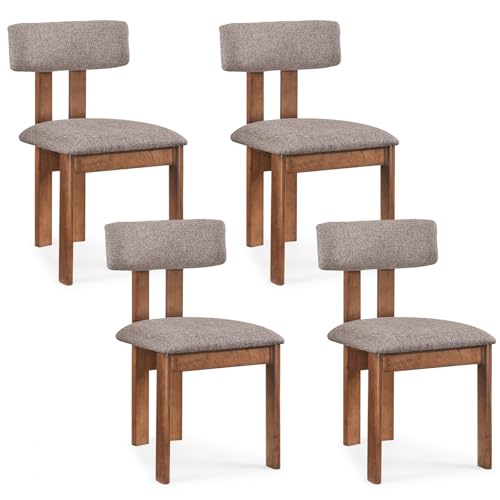 Giantex Dining Chairs Set of 4, Upholstered Kitchen Chairs with Curved Backrest, Rubber Wood Dining Room Chairs, Modern Mid Century Accent Side Chairs for Living Room, Walnut & Grey