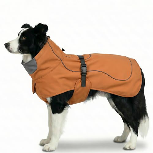 SKIPGEAR Softshell Dog Winter Vest, Fleece Lined Water-Repellent Jacket with Fur-Safe Buckle (No Hook & Loop) for Hiking, Adjustable Reflective Winter Coat for Active Dogs (Aurantium, Large)