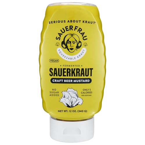 Sauer Frau - Squeezable Sauerkraut - Craft Beer Mustard Flavor, Tangy Crisp, Fermented Cabbage, Bold Taste, Easy Squeeze Bottle - 12oz