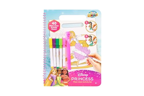 Disney Princess Wipe-Clean Set di attività | Libro da colorare riutilizzabile con 40 pagine | Include 5 penne cancellabili | Blocco a spirale per bambini dai 3 anni in su, giocattolo educativo da