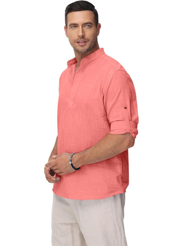 Image of Macsivo Men's Cotton Blend Solid Short Kurta with Regular Lenth Mandarin Collar Short Button Placket Rolled up and Full Sleeves Kurta for Men