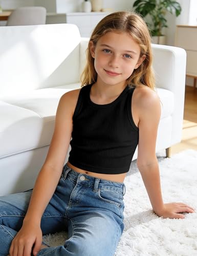 Image of Auranso Girls Tank Tops 2 Pack Ribbed Knit Sleeveless Crop Tops for Kids