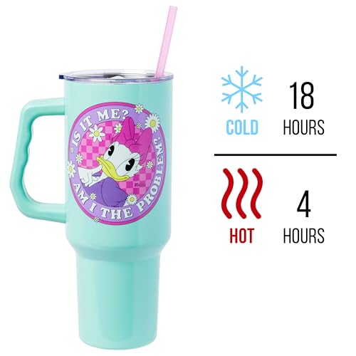 Image of Silver Buffalo Disney Daisy Duck inchIs It Me? Am I the Problem? inch Stainless Steel Tumbler with Handle, Fits in Standard Cup Holder, 40 Ounces
