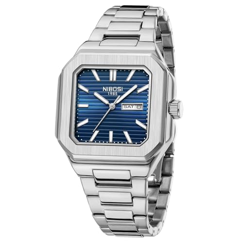 NIBOSI Herren Armbanduhr Uhren Herren Analog Quarz Edelstahl Militäruhren für Männer quadratisch Wasserdicht Business Klassisch Designer Armbanduhr Datum (Silver Blue)