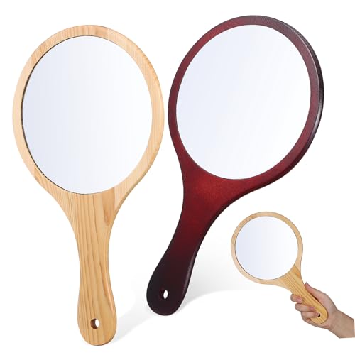 Ipetboom Portable Small Round Mirrors 2pcs Vintage Hand Mirrors Wooden Handle Large Viewing Area for Travel