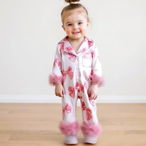 Baby Girl Silk Pajamas Bow Print Feather Trim Sleeve Button Down Romper Overall Jumpsuit Newborn Satin Pjs Nightgown2