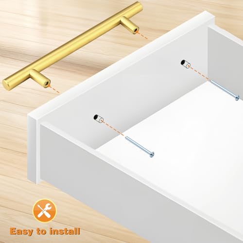Image of Probrico 10 Pack 5 Inch Center-to-Center Kitchen Cabinet Pulls T Bar Gold Cabinet Handles Modern Drawer Hardware Dresser Pulls, 7-1 /2 inch Total Length