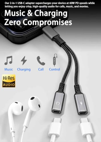 60W USB C Headphone Splitter 1 in 2 Out Type C Audio Charging Adapter Cable — view 2