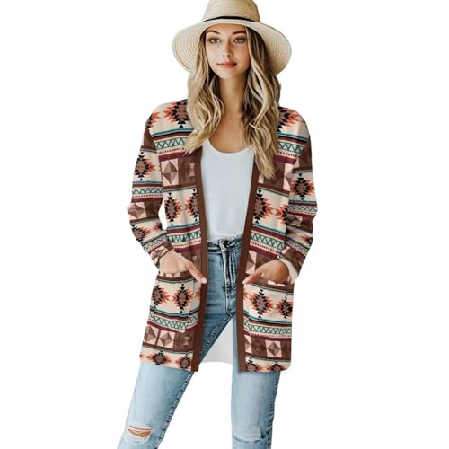 Image of Women's Aztec Open-Front Jacket Lightweight Casual Outerwear Native Western Aztec Pattern & Plaid Houndstooth Print