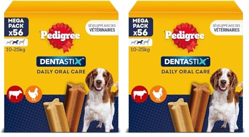 Pedigree DENTASTIX 56 Bâtonnets à Mâcher pour Moyen Chien 10-25kg, 8 Sachets de 7, Saveur Poulet et Bœuf, Détartrage Dentaire Chien, Soins Dentaires pour Chien (Lot de 2)