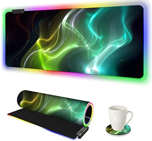 AIMSA Large Gaming Mouse Pad RGB, Keyboard Led Mousepad Extended 35.4 x 15.8 inch Non-Slip Rubber Base with 14 Lighting Modes, Big Desk Mat Waterproof, Cool Aurora