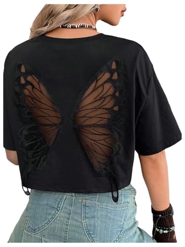 Verdusa Women's Butterfly Mesh Fairy T Shirts Drop Shoulder Goth Crop Tops4