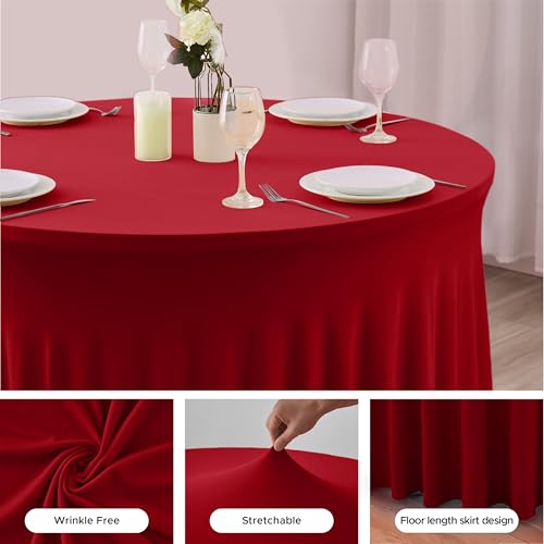 Image of HolidayIdeas 6 Pack Red Spandex Table Skirt for 60 Inch Round Tables, Fitted Stretch Tablecloth for 5 Ft Circular Tables, Wrinkle Resistant Ruffle Design for Valentine's Day, Monther's Day, Weddings