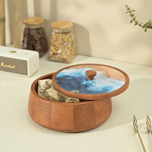 Brick Brown Handcrafted Enamel Coated Wooden Aqua Roti Box | Chapati Box for Kitchen | Hot Pot Casserole for Roti Server Tableware Serving | Case with Lid (8.8 8.8 4.5 Inch)
