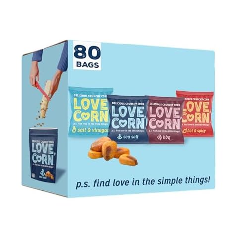 LOVE CORN Value Pack Sea Salt, BBQ, Hot & Spicy, Salt & Vinegar 0.7oz x 80 Bags - Delicious Crunchy Corn - Healthy Family Snacks - Gluten Free, Kosher, NON-GMO - Alternative for Chips, Corn Nuts Cover