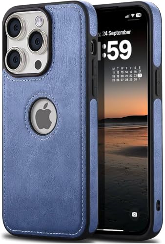 Image of amazon basics Genuine Leather Finish iPhone 16 Pro Back Cover Case | Raised Edges for Camera & Screen Protection | Back Case Cover for iPhone 16 Pro (Blue)
