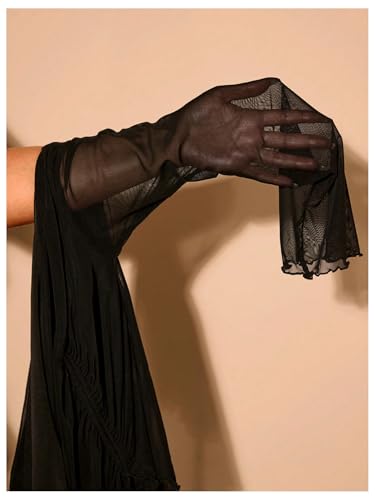 Women's Plus Size Sheer Mesh Off Shoulder Tops Long Sleeve Drawstring Asymmetrical Hem Ruched T Shirt4