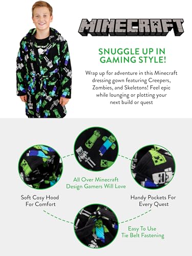 Minecraft Bademantel | Morgenmantel Jungen Mit Kapuze | Creeper Kinderbademantel Junge | Kinder Bademantel Für Jungs Schwarz 134