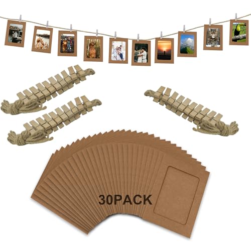SZWLJ Paquete de 30 marcos de fotos de papel marrón de 4 x 6 pulgadas con cuerda para colgar y clavijas para pancarta de fotos, exhibición y decoración de eventos