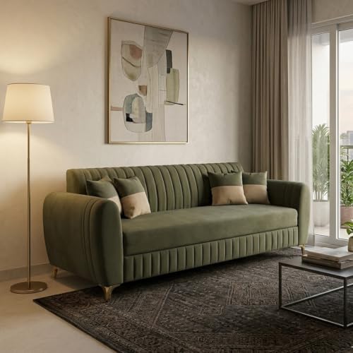 Image of CASASTYLE Signature Velour 3 Seater Sofa Set | Boston Matte Fabric | 40D Foam + Zigzag Spring | 3-Yr Warranty (Olive Green)