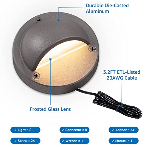Sunvie Low Voltage Deck Lights With Fastlock2 Wire Connector 5W Led Landscape Step Stair Lights Outdoor Accent Lighting Garden Post Fence Light 3000K 12-24V Ac/Dc 3.2Ft Etl Listed Cord, 8 Pack #TOP4
