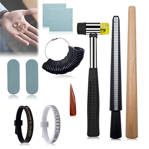 11 Pieces Ring Sizer Measuring Tool Set, Home Ring Sizers for Loose Rings, Jewelers Ring Size Measure Metal Ring Mandrel, Universal Ring Sizing Kit for Rings Measure Repair