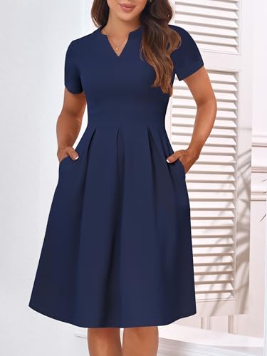 Image of YATHON Womens Elegant Print Notched Neck Slant Pocket Pleated Hem Casual A-Line Dress