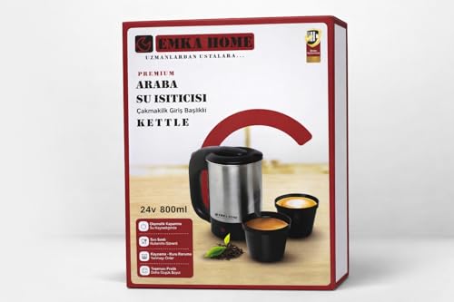 24V araç kettle su ısıtıcı, 800 ml, çakmak girişli, paslanmaz çelik, gösterge ışıklı