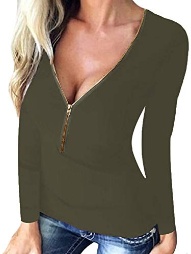 ACHIOOWA Camisetas Mujer Manga Larga con Cuello en V Sexy Elegante Túnica Top Sólid Blusas y Camisas Verde L Cover