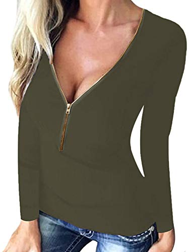 ACHIOOWA Camisetas Mujer Manga Larga con Cuello en V Sexy Elegante Túnica Top Sólid Blusas y Camisas Verde L