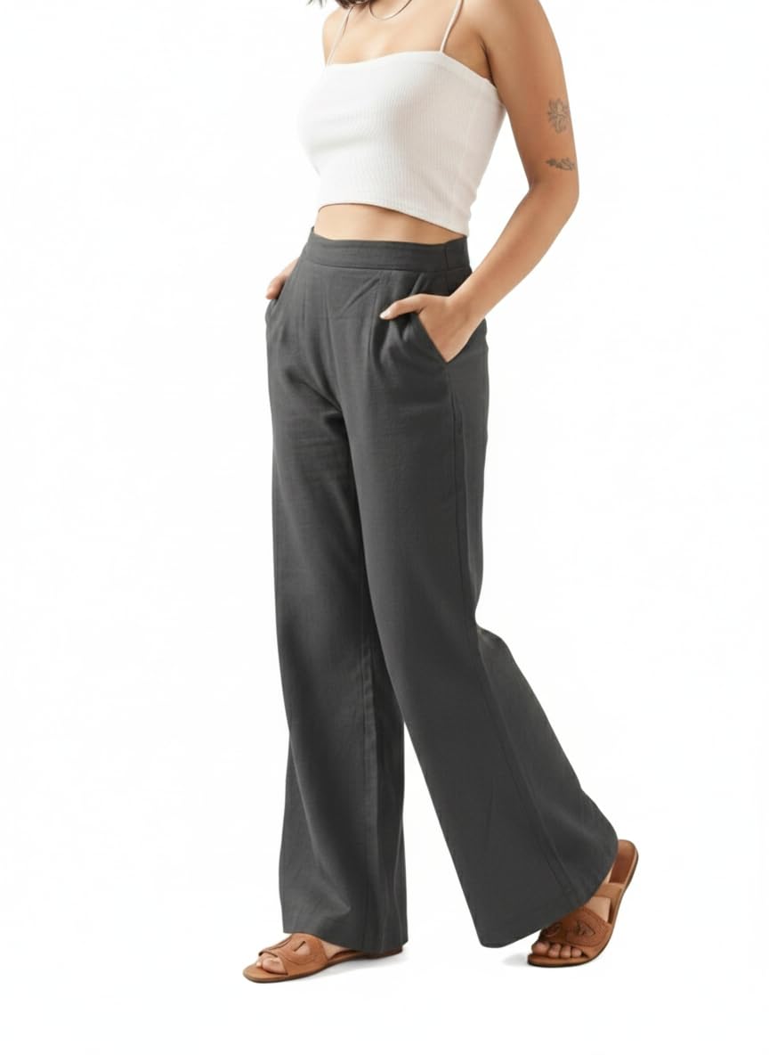digital shopee Women's High-Waist Cotton Wide Leg Trousers, Black, Elegant Casual Flared Pants-picture-21