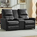 DRMBOOK 63'' RV Loveseat Recliner Sofa, Faux Leather Double Camper Couch 2 Seater Recliner with Console, Home Movie Theater Seating Chair, 2 Person Push Back Recliners for Living Room, Black