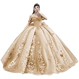 Youjiayi Luxury Off Shoulder Champagne Quinceanera Dress with Bow Princess Rhinestone Sweet 16 Dress with Lace Appliques Prom Dresses Long Ball Gown for Women Size 0