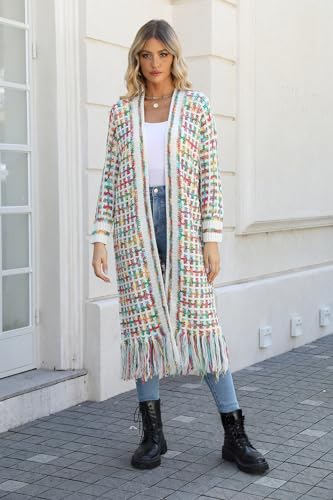 Image of Womens Boho Cardigan Sweater Maxi Long Colorful Fringed Tassels Knitted Cardigan Jacket Outwear